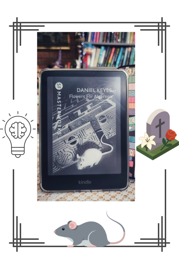 A Kindle image of Flowers For Algernon by Daniel Keyes with a frame of a rat a grave with flowers and a lightbulb
